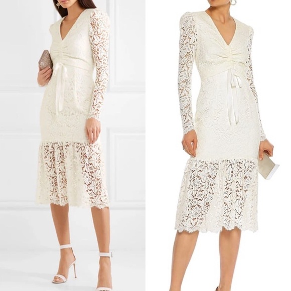 REBECCA VALLANCE LE SAINT RUCHED LACE DRESS WHITE IVORY CUT OUT LONG sleeve - Picture 1 of 12
